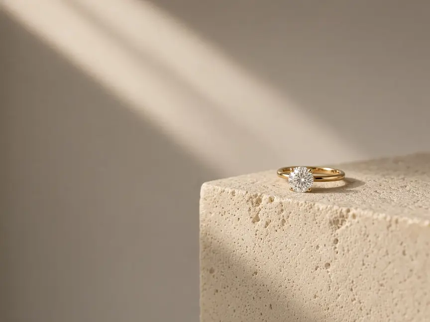 Anillo solitario sobre un bloque de piedra caliza con luz de ventana, imagen ilustrativa